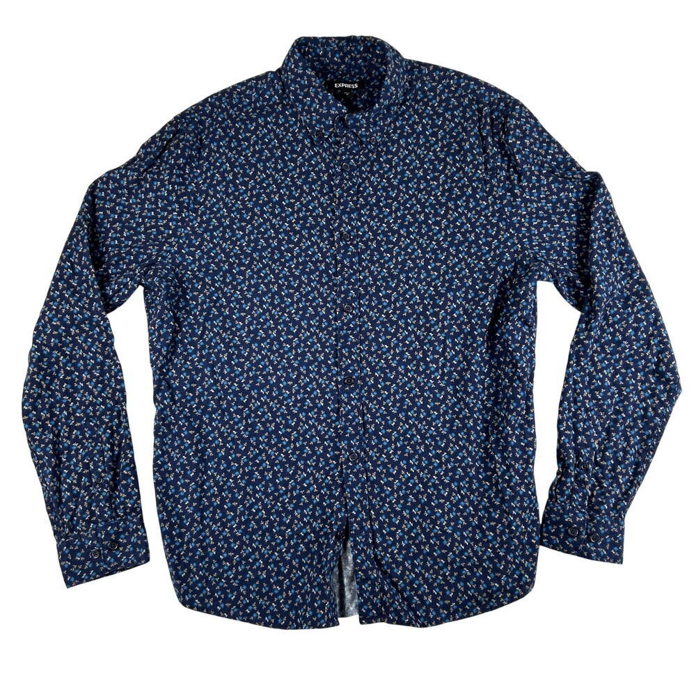 Express Shirt Mens Medium Blue Floral Print Long Sleeve Button Down Casual Top